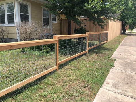 Front Yard Hog Wire Fence, Fence Ideas On A Slope, Fence For Hilly Yard, Building A Fence On A Hill, Fence Ideas For Sloped Yard, Fence Ideas Sloped Yard, Fences On Sloped Yards, Fence On A Sloped Yard, How To Build A Fence On A Slope