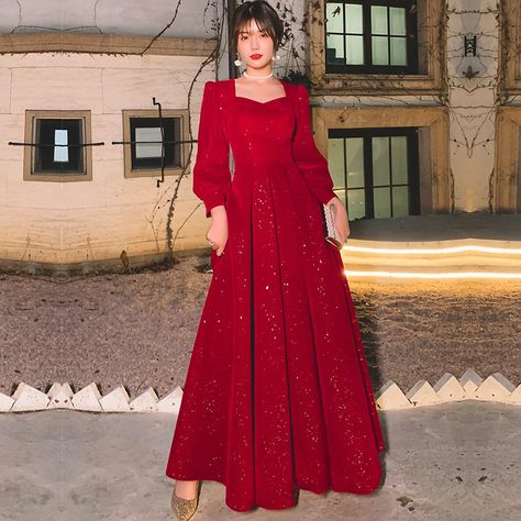 Simple Gowns Dresses Elegant, Red Sequin Dress Long, Dresses Long Sleeve Elegant, Evening Dresses Long Sleeve, Women Evening Dresses, Elegant Red Dress, Evening Wear Dresses, Girls Formal Dresses, Sequin Evening Dresses