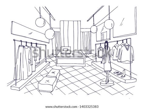 Outline Drawing Clothing Boutique Interior Furnishings Stock Illustration 1403325383 Clothing Boutique Interior, A Clothing Store, Retail Store Interior Design, Clothing Store Interior, Contour Lines, Drawing Interior, Interior Design Drawings, Clothes Hanging, Retail Store Interior