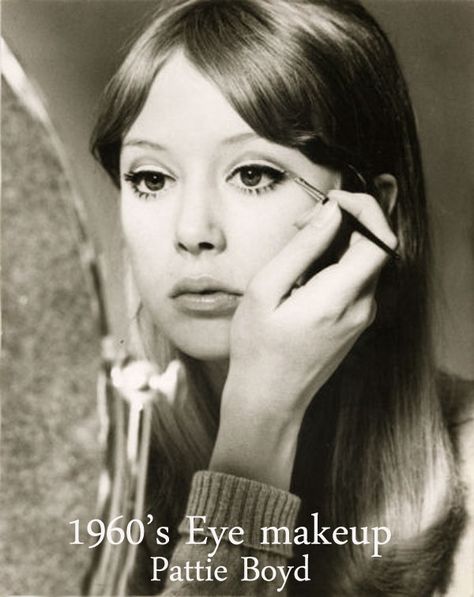 1960′s Eye Makeup Tips – from Sixties model Pattie Boyd 1960s Eye Makeup, 1960s Makeup, 60s Makeup, Beatles Girl, Pattie Boyd, 60s Hair, Makeup Tip, Vintage Makeup, Beauty Magazine