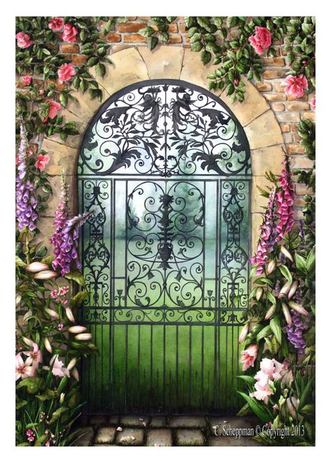 Secret Garden Gate, Gate Painting, Behind The Green Door, Garden Gate Design, Desert Garden, Wrought Iron Gates, Door Gate, Fantasy Paintings, Iron Gates