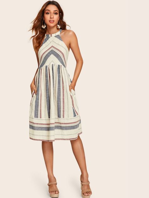 Tie Back Pocket Side Striped Halter Dress | SHEIN Shirred Waist Dress, Ditsy Floral Dress, Printed Tunic Dress, Shirred Dress, Dress Out, Vestidos Vintage, Ruffle Hem Dress, Back Pocket, Tie Dress