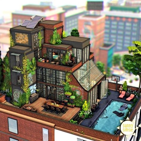 Industrial Penthouse, Sims 4 Penthouse, Sims Freeplay Houses, San Myshuno, Sims 4 House Plans, Sims 4 House Building, Sims 4 House Design, Casas The Sims 4, Sims Building