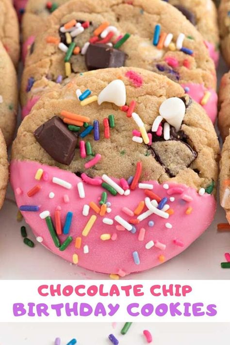 Easy to make chocolate chip cookies for any birthday celebration. These Birthday Cookies are the softest homemade chocolate chip cookies! They're dipped in chocolate and will remind of you a delicious birthday cake. These are the best funfetti cookies you'll ever bake! #dessert #recipes #decorated #happy #easy #simple #DIY #pink #ideas Decorated Birthday Cookies, Chocolate Chip Dip, Chocolate Chip Shortbread Cookies, Happy Birthday Cookie, Funfetti Cookies, Make Chocolate Chip Cookies, Homemade Chocolate Chips, Homemade Chocolate Chip Cookies, Toffee Cookies