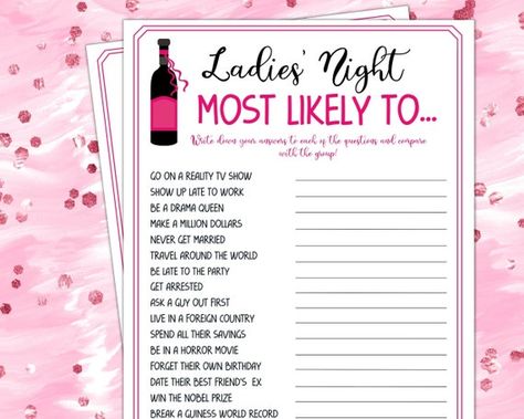 Ladies Night Most Likely To Fun Party Games Girl Night Out - Etsy Ladies Night Ideas Games, Girls Game Night Ideas, Most Likely To, Girls Night In Party Ideas, Fun Games For Girls, Ladies Night Games, Girls Birthday Games, Girls Night Games, Anniversary Party Games