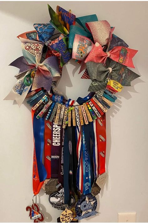 Cheer Closet Organization, Cheer Display Ideas, Cheer Pin Holder, Cheer Bedroom Ideas, Cheer Pins For Backpacks, Cheer Bow Display, Cheer Bedroom, Cheerleading Bedroom, Cheer Room Decor