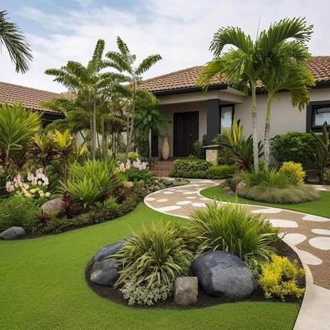 Garden With Rocks Front Yards, Commercial Building Landscape Design, Palm Landscaping, Landscape Florida, Plantas Exterior, Palm Trees Landscaping, Front Garden Landscape, Modern Backyard Landscaping, Front Yard Design