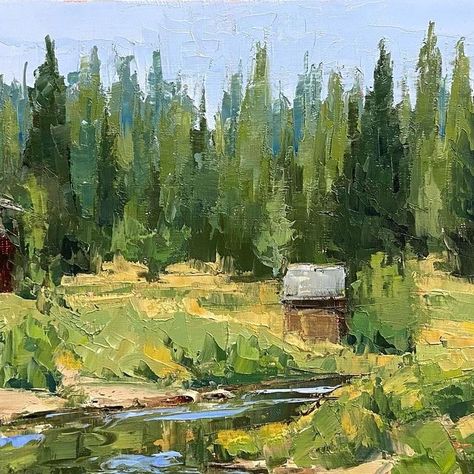 Denise Gilroy on Instagram: "A studio painting resulting from a plein air outing. I often am torn about which direction to paint when I am out so this is the view that was behind me. Abandoned Mill, 12x12. #paletteknifepainting #impressionism #landscapepainting #idahoart #lowerpackriver" Cabin Art, Palette Knife Painting, Plein Air Paintings, Plein Air, Impressionism, Landscape Paintings, Instagram, Art