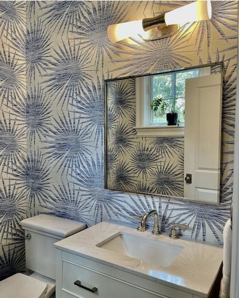 How To Install Wallpaper, Wallpaper Decor, Wall Covering, Powder Room, Framed Bathroom Mirror, Bathrooms Remodel, Bathroom Decor, Designer Wallpaper, Printed Shower Curtain