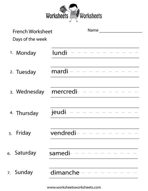 days of the week french worksheet. This site has lots of free worksheets Days Of The Week French Worksheets, French Worksheets Printables, French Grade 1 Worksheets, French Kindergarten Worksheets, Days In French, Grade 4 French Worksheets, French Days Of The Week Worksheet, Grade 2 French Worksheets, Months Kindergarten