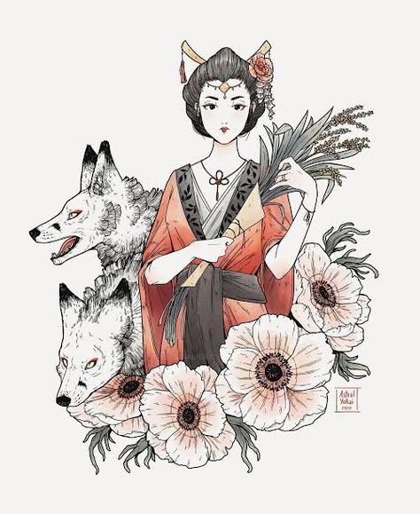 Japanese Kami, Inari Okami, Fox Artwork, Japanese Mythology, Mythology Tattoos, Japanese Folklore, Chinese Mythology, Japanese Tattoo, Custom Dolls