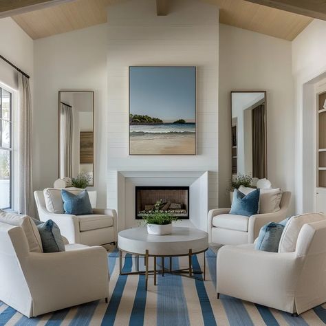 29 Coastal Chic Living Room Ideas - Colour Saturated Life Elegant Beach House, Stairway Accent Wall, Chic Living Room Ideas, Burnt Orange Living Room, Coastal Chic Living Room, Farmhouse Fireplace Decor, Newport Beach Homes, Family Photo Wall, Living Room Orange