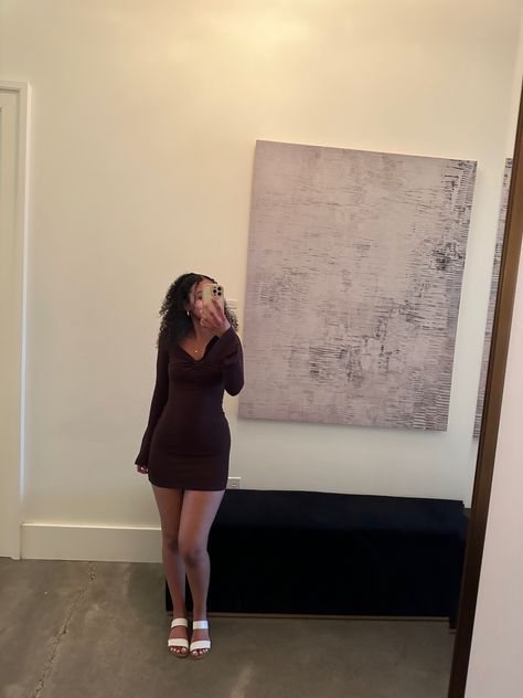 #shortbrowndress #sheindress #dress #shein #brown #mirror #cute #sandals #summeroutfit #dressideas #aesthetic #cleangirlaesthetic Brown Dress White Heels, Brown Sandals Outfit, Short Brown Dress, Chocolate Brown Dress, Brown Mirror, Dresses Aesthetic, Sandals Outfit, Shein Dress, Mirror Pic