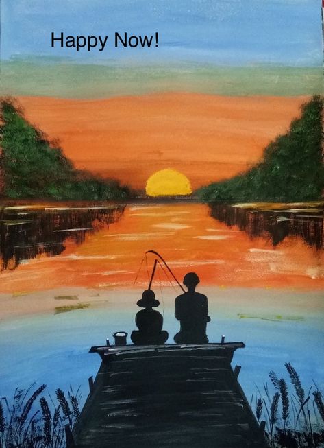 Fishing Scenery Drawing, Fishing Art Drawing, Painting Ideas Stone Art, Rocks Aesthetic, Canvas Painting Aesthetic, Stone Paintings, Stone Pictures Pebble Art, Stone Paint, Fishing Pictures