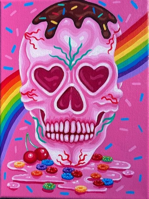 Acrylic painting by Mariah Bowers Lisa Frank Painting, Small Bissiness, Skull Trippy, Elephant Painting Canvas, Trippy Cartoon, Candy Skull, Artsy Ideas, Drawing Tutorial Face, Beautiful Abstract Art