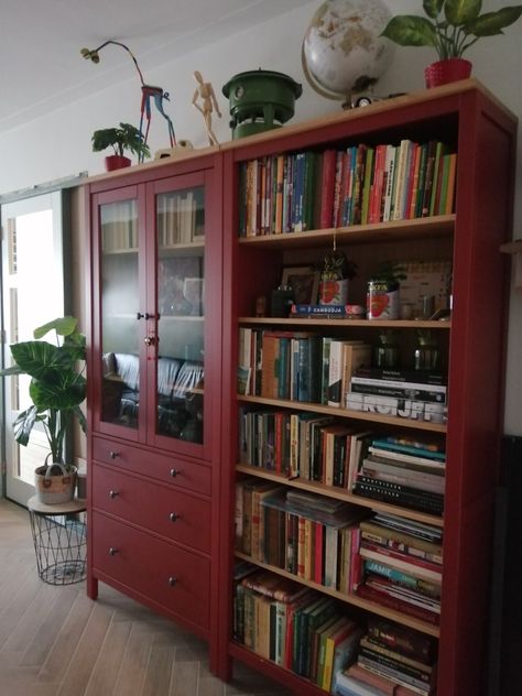 Hemnes Red, Ikea Hemnes Bookcase, Red Bookcase, Red Bookshelf, Beautiful Bookshelf, Ikea Hemnes, Shelf Design, Affordable Furniture, Home Library