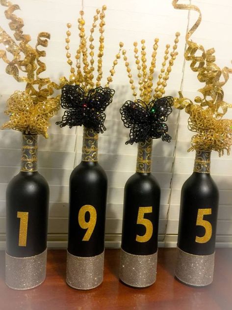 Wine Bottle Birthday Decorations, 60 Year Old Birthday Centerpieces, Bar Birthday Decorations, Wine Bottle Crafts Birthday, 30th Birthday Decoration Ideas At Home, 70th Birthday Black And Gold, Black And Gold 80th Birthday Party, 65 Birthday Theme Party Ideas, Dads 65th Birthday Ideas