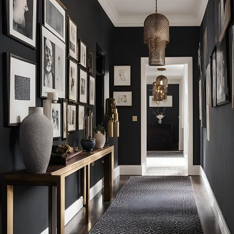 Maximalist hallway 🤩 Black Walls Hallway, Photo Wall Hallway, Art Gallery Hallway, Maximalist Hallway, Moody Hallway, Moody Entryway, Grey Entryway, Decorate Hallway, Gallery Hallway