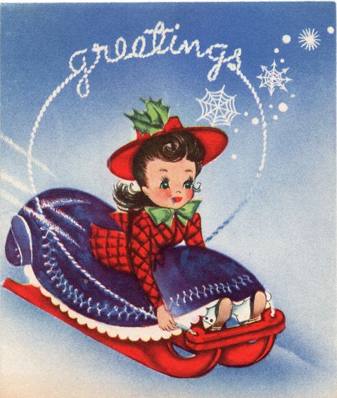 #retrochristmas, Vintage Christmas Card, Retro Christmas Card, Holiday Greetings, Going Sledding Christmas Greetings Pictures, Christmas Pictures Vintage, Christmas Nostalgia, Retro Christmas Cards, People Pictures, Vintage Inspired Christmas, Christmas Illustrations, Vintage Christmas Images, Fashion Christmas