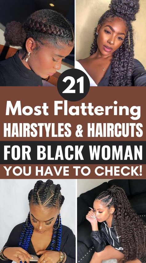 21 Trending Hairstyles and Haircuts for Black Women Black Cornrow Hairstyles, Quick Braid Styles, Black Women Updo Hairstyles, Braided Bun Styles, Black Hair Bun, Quick Braids, Black Hair Updo Hairstyles, Braided Hairstyles For Black Women Cornrows, Haircuts For Black Women