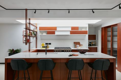 Houzz Tour: A 1950s Bungalow Gets a Retro Renovation | Houzz UK 1950s Bungalow, Pastel Tiles, Kitchen Island Lighting Ideas, Island Lighting Ideas, Iroko Wood, York Stone, Walnut Bed, Retro Renovation, Cabinet Kitchen