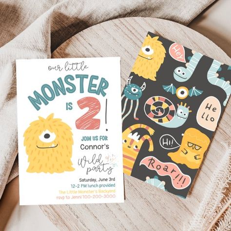 Little Yellow Monster 2nd Birthday Invitation Third Birthday Party Themes, 4th Birthday Party For Boys, Third Birthday Boys, 3rd Birthday Party For Boy, Birthday Party Themes For Boys, Little Monster Party, 3rd Birthday Invitation, Monster Invitations, Monster Birthday Invitations