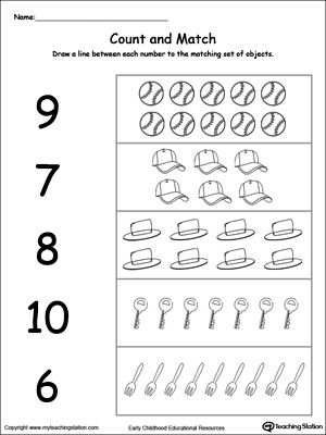 Count and Match 6 Through 10 Worksheet.Practice simple number counting with this picture printable worksheet. To complete the exercise, count the images and match with the correct number. Themes Preschool, Number Preschool, Counting Worksheet, Printables Preschool, Pre K Worksheets, Preschool Number Worksheets, Number Counting, Preschool Counting, Visual Schedules