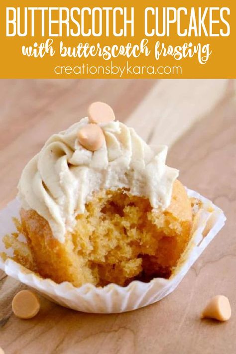 These Butterscotch Cupcakes are always a crowd pleaser. The butterscotch frosting is amazing! If you love butterscotch, give these cupcakes a try! #butterscotchcupcakes #butterscotchfrosting #butterscotch #creationsbykara Butterscotch Cupcakes, Butterscotch Muffins, Butterscotch Frosting, Muffin Ideas, Perfect Cupcake Recipe, Butterscotch Recipes, Indulgent Recipes, Beautiful Brunch, Pudding Cupcakes