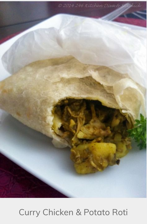 Jamaican Roti Recipe, Roti Skin Recipe, Roti Recipe Guyanese, Buss Up Shut Roti, Trinidad Dishes, Chicken Roti Recipe, Potato Roti, Making Roti, Aloo Pie