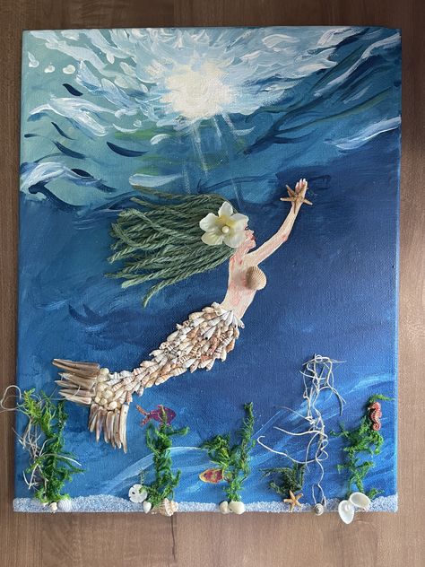 Shell Mermaid Art, Mermaid Collage Art, Underwater Mermaid Painting, Under The Sea Mixed Media Art, Nautical Painting, Mermaid Christmas, Mermaid In Aquarium Art, Mermaid Pictures, Mixed Media Art Canvas