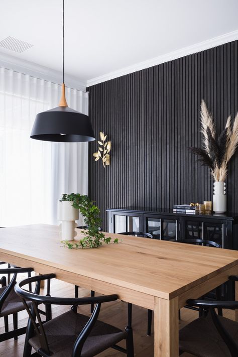 Karrinyup Renovation - Contemporary - Dining Room - Perth - by Denise Rix | Houzz Rustic Exterior House Colors, Timber Lining Boards, Dining Room Feature Wall, Dining Room Accent Wall, Black Feature Wall, Feature Wall Living Room, Black Accent Walls, Dining Room Accents, Room Accent Wall