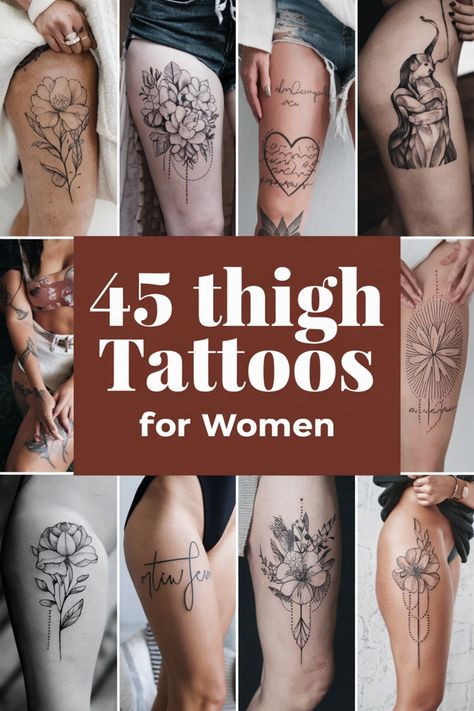 45 thigh tattoo designs for women, featuring various floral and artistic patterns. Female Tattoos Thigh, Black And White Thigh Tattoos For Women, Lotus Flower Tattoo Thigh Hip, Thigh Cuff Tattoo Women, Tattoo Ideas Leg Female Thigh Piece, Flower Thigh Tattoos Black Women, Floral Tattoo Design Hip, Hummingbird Tattoo Thigh, Thigh Tattoos Ideas For Women