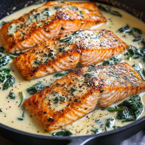 🐟🍲 Savor the flavors of Pan-Seared Salmon with Creamy Florentine Sauce! Healthy and delicious! 🥬✨ #HealthyEats #DeliciousDinners Pan-Seared Salmon with a Creamy Florentine Sauce Ingredients: Salmon fillets (4) Olive oil (2 tbsp) Spinach (2 cups, fresh) Heavy cream (1 cup) Parmesan cheese (1/2 cup, grated) Garlic (3 cloves, minced) Lemon juice (1 tbsp) Salt (to taste) Black pepper (to taste) Instructions: Heat olive oil in a skillet over medium-high heat. Season salmon with salt and pepper... Pan Seared Salmon With Creamy Florentine Sauce, Florentine Sauce, Salmon Florentine Recipe, Salmon Florentine, Herbed Salmon, Season Salmon, Spinach And Cheese Ravioli, Ital Food, Salmon Spinach