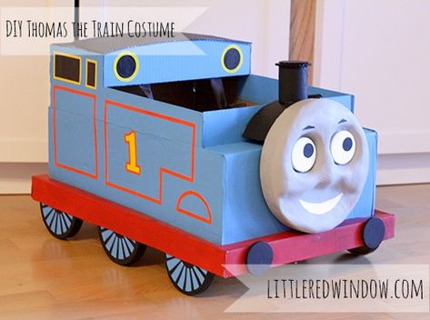 Super adorable DIY Thomas the Train Halloween Costume made from a cardboard box! from Little Red Window Gizmo Costume, Diy Thomas The Train, Train Halloween Costume, Thomas The Train Costume, Thomas Costume, Train Valentine, Valentines Card Holder, Train Costume, Box Train