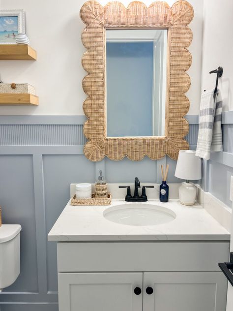 We're sharing our coastal blue bathroom design for our powder bath with links to shop, along with 19 more gorgeous blue bathroom designs you will love to check out! Are you renovating or designing your bathroom? Check out this post for more inspiration! Sherwin Williams Upward Paint, Coastal Blue Bathroom, Coastal Blue Paint, Coastal Powder Room, Blue Bathroom Design, Blue Bathrooms Designs, Outdoor Living Kitchen, Blue Paint Color, Mudroom Organization