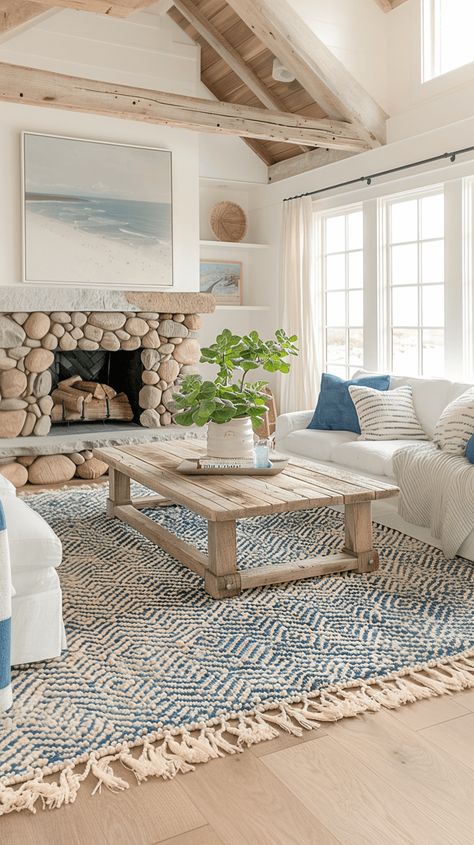 Lake House Fireplace, Coastal Fireplace Ideas, Beach House Fireplace, Light And Bright Living Room, Living Room With Stone Fireplace, Stone Fireplace Ideas, Coastal Home Exterior, Coastal Fireplace, House Fireplace