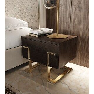 Modrest Moontide Modern Smoked Ash & Gold Nightstand - Bed Bath & Beyond - 40844003 Brown And Gold Furniture, Dark Wood Nightstand Bedroom, Large Nightstand Ideas Master Bedrooms, Luxury Nightstand, Gold Nightstand, Large Nightstand, Dark Wood Bed, Mid Century Bedroom, Gold Furniture