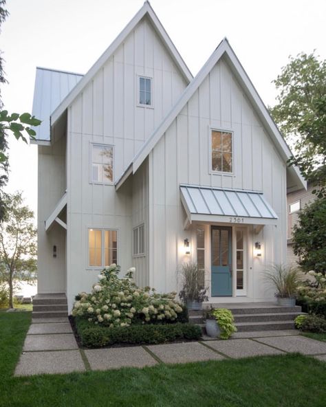 Board And Batten Front Of House, Board And Batten Exterior, White Modern Farmhouse, White Siding, River Cottage, Cottage Exterior, Cedar Siding, White Windows, Modern Farmhouse Exterior