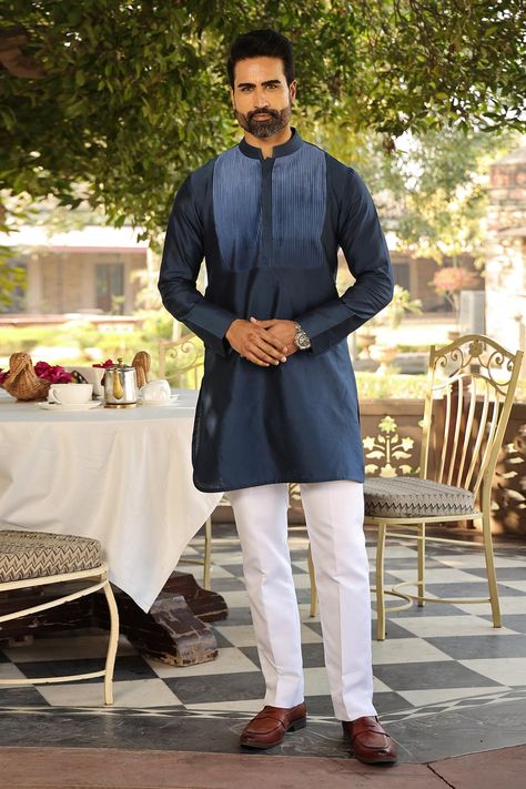 Shop for Raw & Rustic by Niti Bothra Blue Banarasi Chanderi Silk Ombre Kurta for Men Online at Aza Fashions Niti Bothra, Stylish Boy Clothes, Kurta For Men, Stylish Boys, Embroidered Silk, Aza Fashion, Boy Outfits, Types Of Sleeves, Custom Made