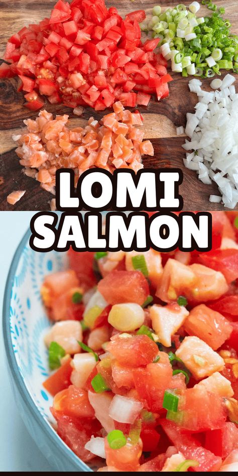 Taste paradise in a convenient bowl with this authentic lomi salmon recipe with instructions for making your own salted salmon. Or use easy substitutes to make this fresh tomato dish come together quicker than a hula hoop. Lomi Salmon Recipe, Lomi Lomi Salmon Recipe, Lomi Lomi Salmon, Hawaiian Salmon, Hawaiian Side Dishes, Hawaiian Appetizers, Lomi Salmon, Salted Salmon, Hawaiian Plate Lunch