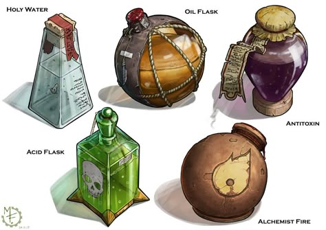 Adventuring Gear: Flasks, vials and jars., Michael Fitzhywel on ArtStation at https://www.artstation.com/artwork/90Ayq Dungeons And Dragons Drawings, Rpg Items, Props Concept, D D Items, Gear Art, Magic Items, Heroic Fantasy, Dungeons And Dragons Game, Fantasy Props