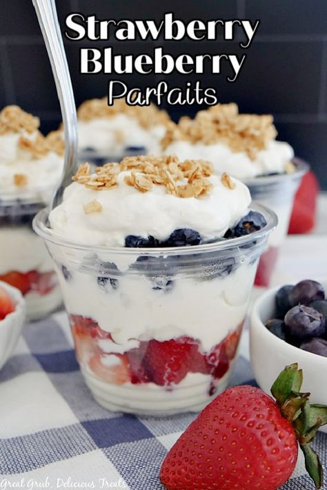 Strawberry Blueberry Parfaits are layered with homemade whipped cream, fresh strawberries and blueberries, and crunchy granola. Strawberries And Blueberries Dessert, Summer Parfait Desserts, Blueberry And Strawberry Dessert, Strawberry And Blueberry Desserts, Berry Parfait Dessert, Strawberry Blueberry Dessert, Deserts With Strawberries, Christian Recipes, Homemade Parfait