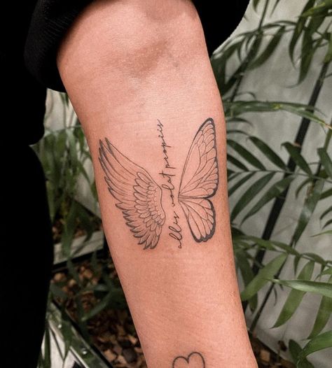 Butterfly Tattoo For Memorial, Butterfly Heaven Tattoo, Butterfly And Wings Tattoo, Outline Tattoo Butterfly, Blessed Butterfly Tattoo, Angel Wings Tattoo With Flowers, Wings Flowers Tattoo, Eagle And Butterfly Tattoo, Grandma Angel Tattoo