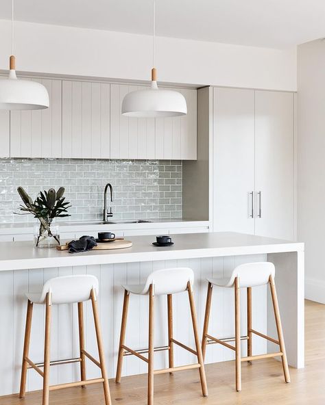 Tiled Walls Kitchen, Scandi Coastal Kitchen, Modern Minimalist Kitchen Small Spaces Interior Design, White And Timber Kitchen Modern, Single Galley Kitchen, Modern Scandi Kitchen, White Kitchen Pendant Lights, Kitchen Renovation Inspiration, Coastal Kitchen Design