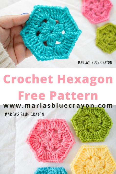 Crochet Hexagon Pattern - Maria's Blue Crayon Crochet Hexagon Blanket Pattern Free, Crochet Hexagon Pattern, Scrap Blanket, Crochet Hexagons, Crochet Hexagon Blanket, Hexagon Crochet Pattern, Hexagon Crochet, Blue Crayon, Granny Square Crochet Patterns Free