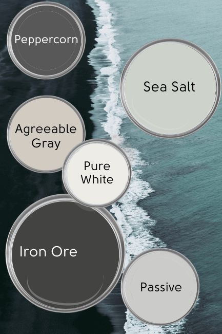 Sw Iron Ore Palette, Sea Salt And Iron Ore, She Twin Williams Iron Ore, Iron Ore Shiplap Wall, Sw Iron Ore Color Palette, Iron Ore Complimentary Colors, Iron Ore Bathroom, Iron Ore Coordinating Colors, Iron Ore Color Palette