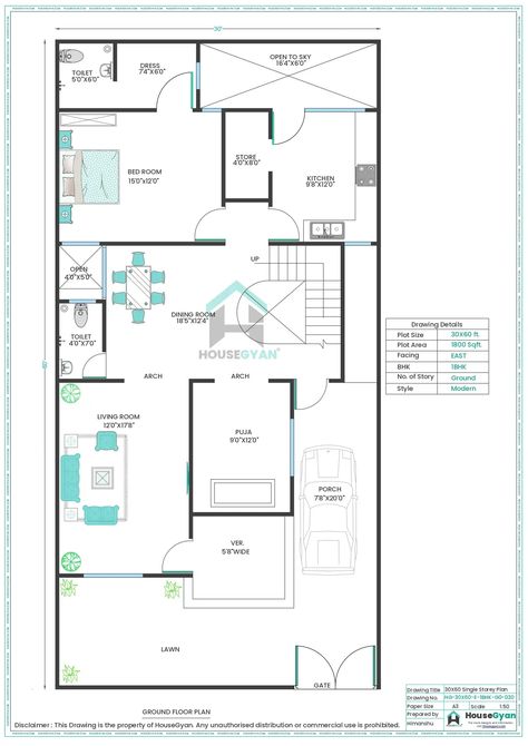 30X60 East Facing 1BHK Ground Floor House Plan | 1800 Sqft Plot Floor Plan Ground Floor House, Open Dining Room, Vastu Shastra, House Drawing, Ground Floor Plan, Diy Home Repair, Family Living, Home Loans, Home Repair