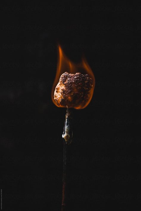 Roasted Marshmallows on a stick around the summer campfire. | Stocksy United  #marshmallow #art #concept #design #stock #photo #roasted #roasting #food #style Roasted Marshmallow Aesthetic, Marshmallow Photoshoot, Marshmallow Tattoo, Marshmallow On Fire, Marshmallows On A Stick, Marshmallow On A Stick, Marshmallow Art, Burnt Marshmallow, Human Life Cycle