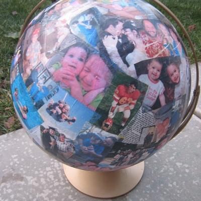 Tissue Photo Globe! This is a little challenging.  If you don't want to print on tissue paper, just do it on regular paper.  Still works!  Globe: You probably have one in your basement or you can pick one up at pretty much every yard sale!: $3  Gesso at any craft store: $5  Tissue paper at dollar store:$2...buy two  Total: $10 Old Globe, Family Collage, Birthday Week, A Globe, Photo Craft, Diy Birthday, Birthday Gift Ideas, Homemade Gifts, Creative Gifts