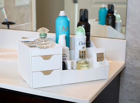 A white bathroom counter organizer with drawers Makeup Organizer Bathroom, Bathroom Counter Storage, Makeup Organization Bathroom, Bathroom Counter Organization, Wall Mounted Spice Rack, Vanity Organizer, Counter Organization, Makeup Organization Diy, Makeup Organization Vanity